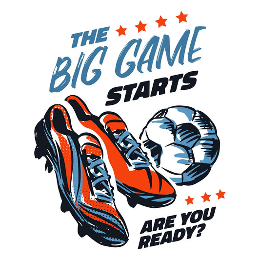The Big Game Starts – a motivational football design with red cleats and a black-and-white ball in a hand-drawn style. The Big Game Starts – ένα εμπνευσμένο ποδοσφαιρικό σχέδιο με κόκκινα παπούτσια και ασπρόμαυρη μπάλα σε χειροποίητο στυλ.