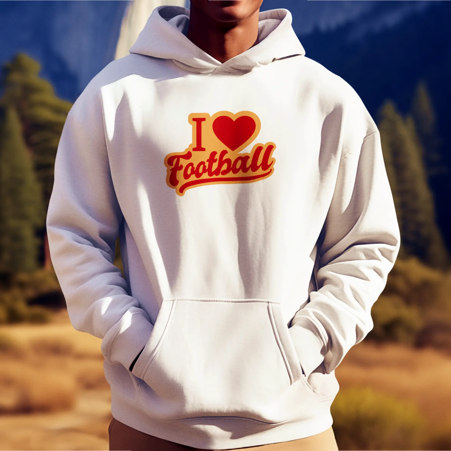The “I Love Football” design on this white hoodie brings out fan pride in full color. Το σχέδιο “I Love Football” σε αυτό το λευκό hoodie εκφράζει την οπαδική περηφάνια με χρώμα.