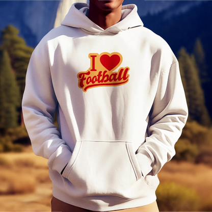 The “I Love Football” design on this white hoodie brings out fan pride in full color. Το σχέδιο “I Love Football” σε αυτό το λευκό hoodie εκφράζει την οπαδική περηφάνια με χρώμα.