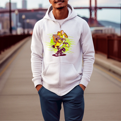 The playful banana-scooter graphic adds color and humor to this clean white zip hoodie - Παιχνιδιάρικο σχέδιο μπανάνας-πατινιού προσθέτει χρώμα και χιούμορ σε λευκή ζακέτα με κουκούλα_result