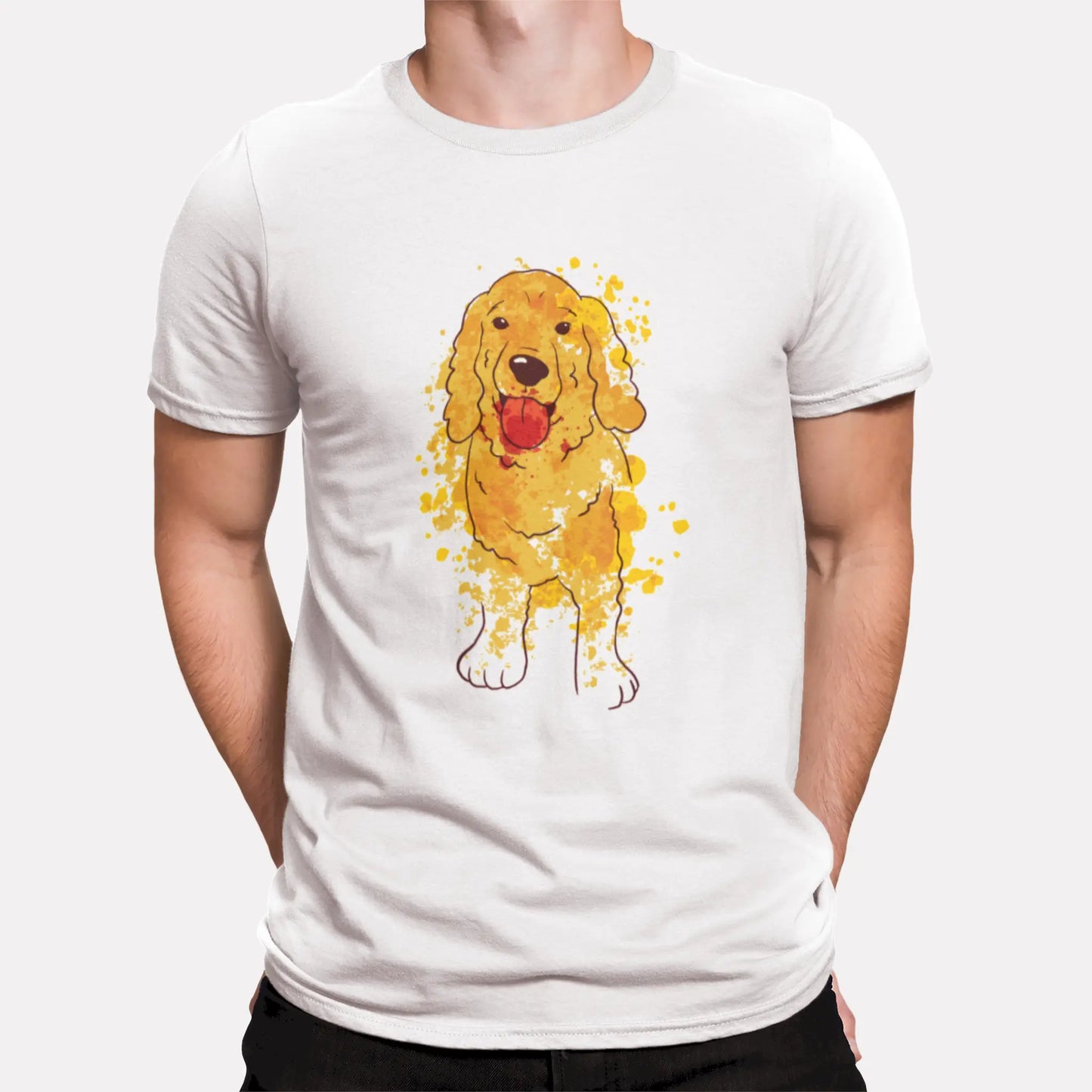 This artistic white t-shirt features a soft watercolor portrait of a Cocker Spaniel dog — Μια καλλιτεχνική λευκή μπλούζα με απαλή υδατογραφία που απεικονίζει ένα σκυλάκι Cocker Spaniel.