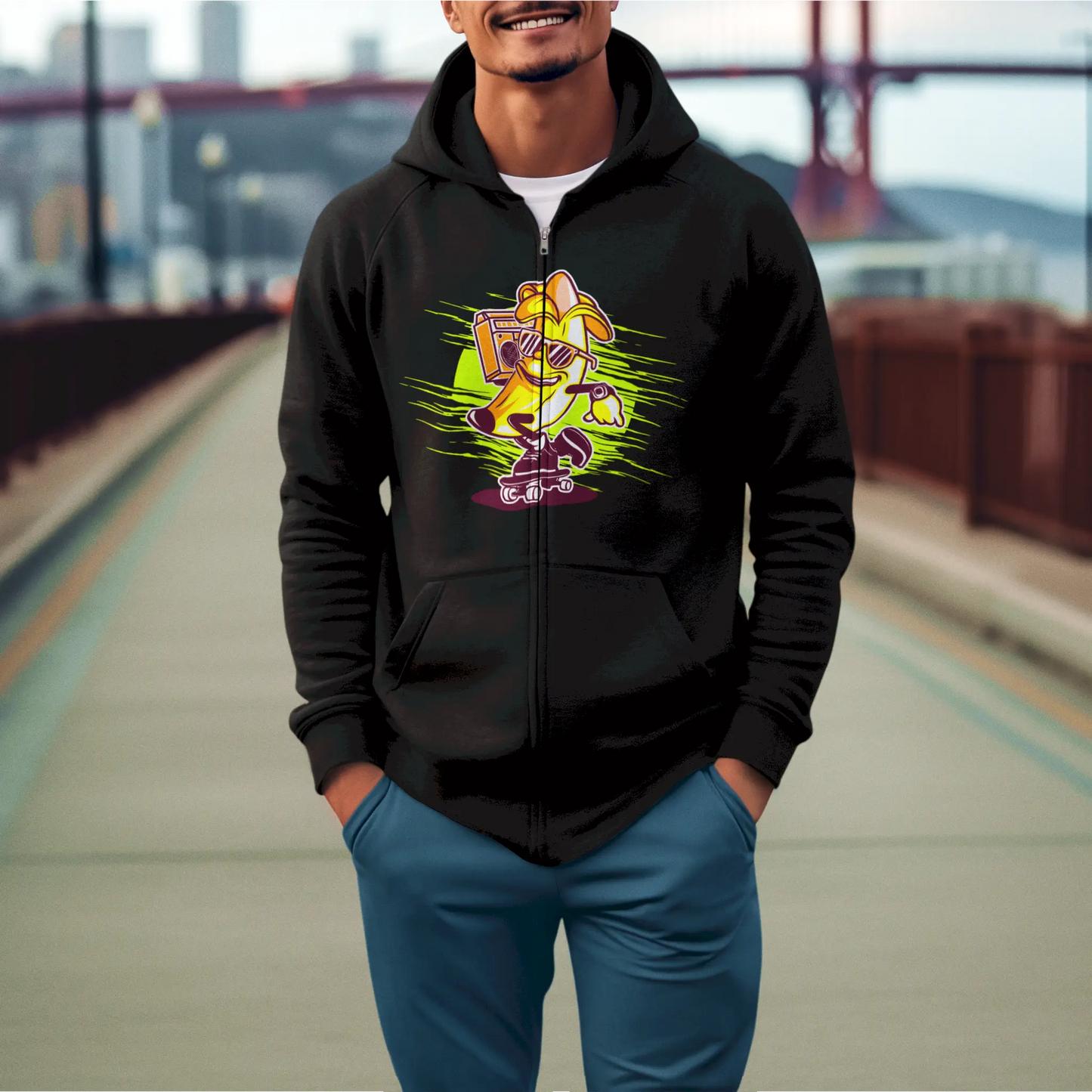 This black zip hoodie showcases a scooter-riding banana in a fun, dynamic design full of mischief - Μαύρο zip hoodie παρουσιάζει μια μπανάνα πάνω σε πατίνι σε ένα διασκεδαστικό σχέδιο γεμάτο σκανταλιά_result