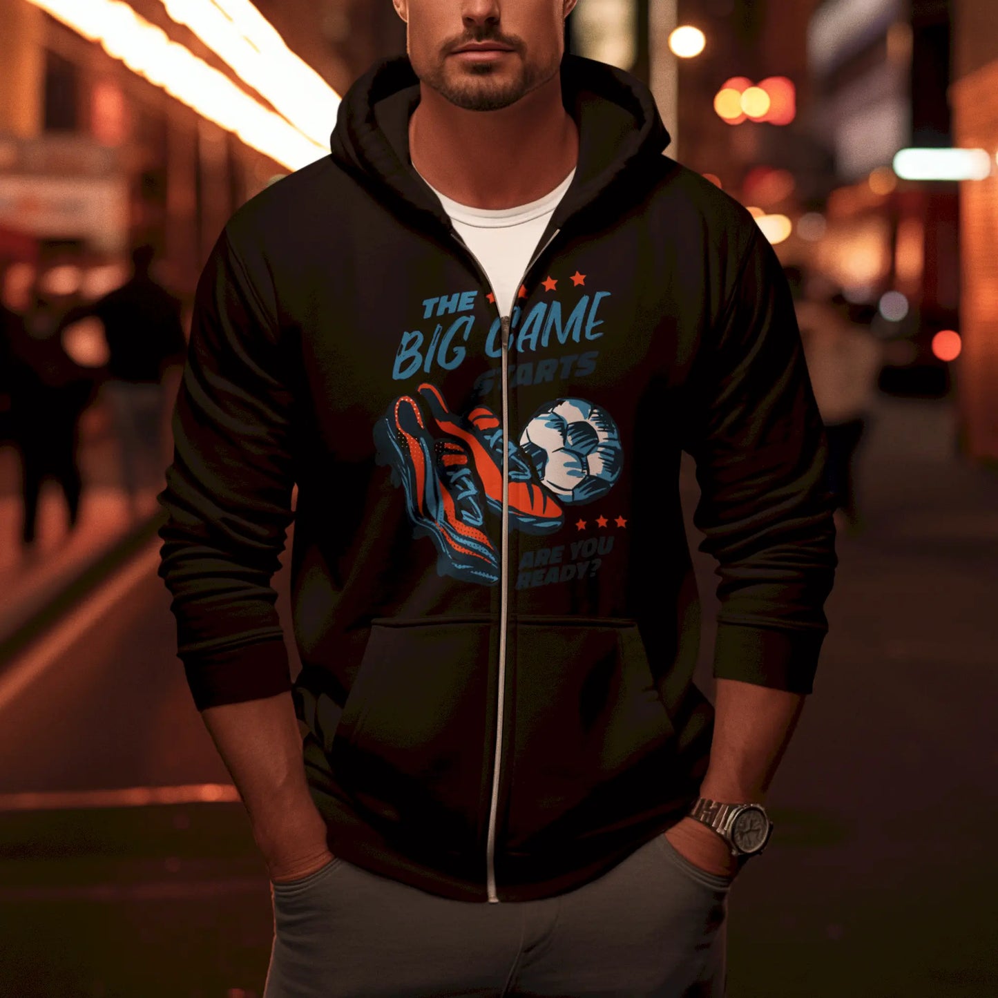 This black zip hoodie shows off a detailed badge with red cleats and a soccer ball – energizing your athletic look. - Μαύρο zip hoodie με λεπτομερές σήμα – δίνει ενέργεια στο αθλητικό σου look.