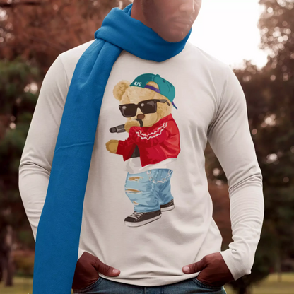 Comfortable white long-sleeve tee featuring a teddy bear spitting rhymes, για καθημερινές εμφανίσεις με μουσική διάθεση