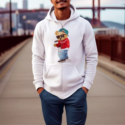 This comfortable white zip-up showcases a rapper teddy bear mid-performance, ιδανικό για όσους αγαπούν τη μουσική