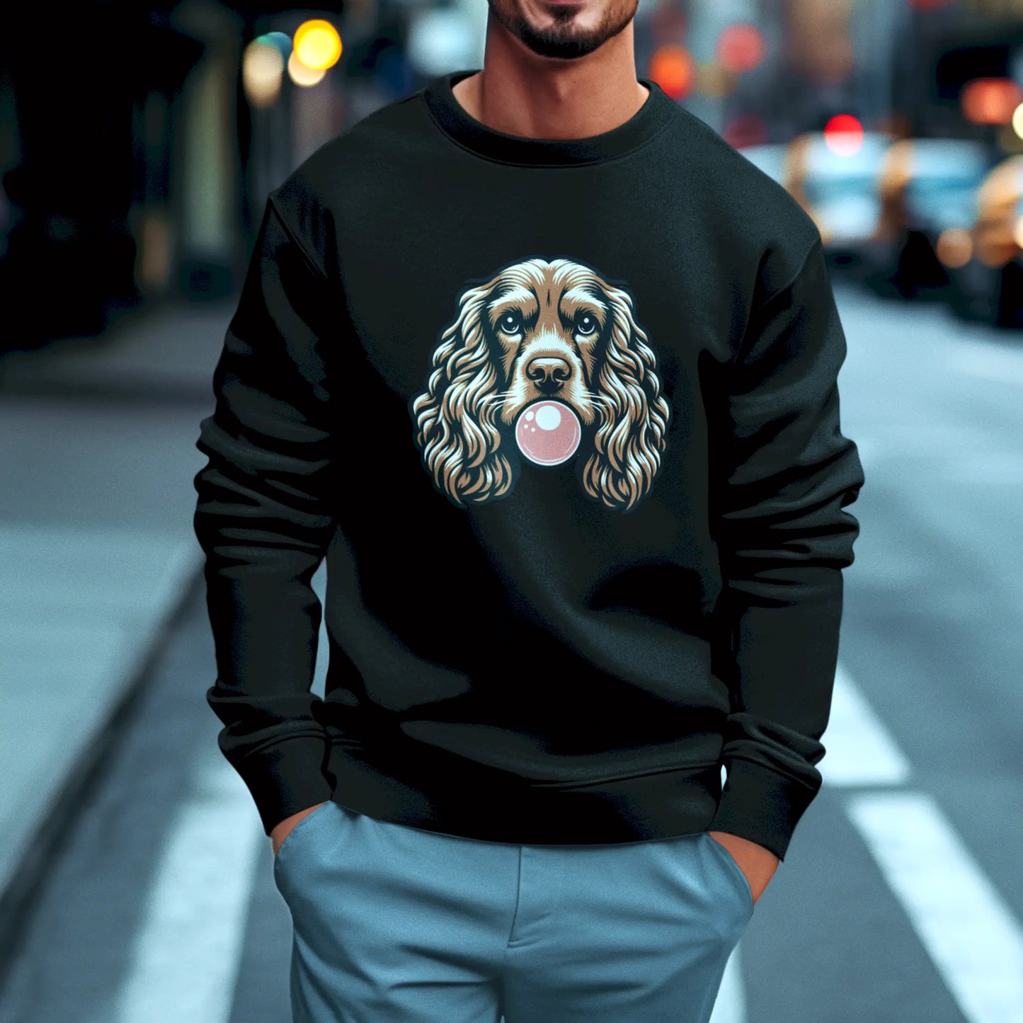 This cozy spaniel makes bubblegum magic feel warm on black sweatshirt. Αυτός ο άνετος σπάνιελ κάνει τη μαγεία της τσίχλας να νιώθεις ζεστά σε μαύρο φούτερ