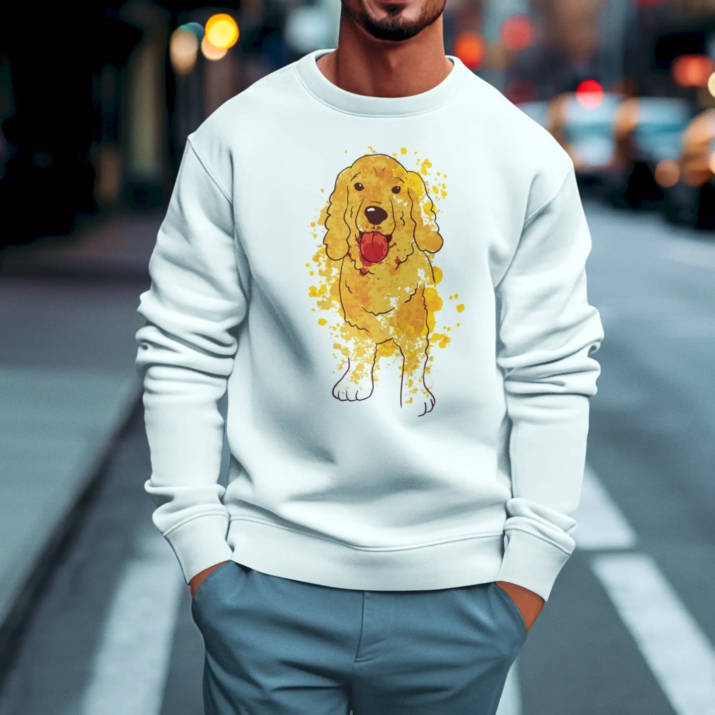 This cozy white crewneck has a soft watercolor dog print of a Cocker Spaniel — Άνετο λευκό φούτερ με ήπιο σχέδιο Cocker σε watercolor.