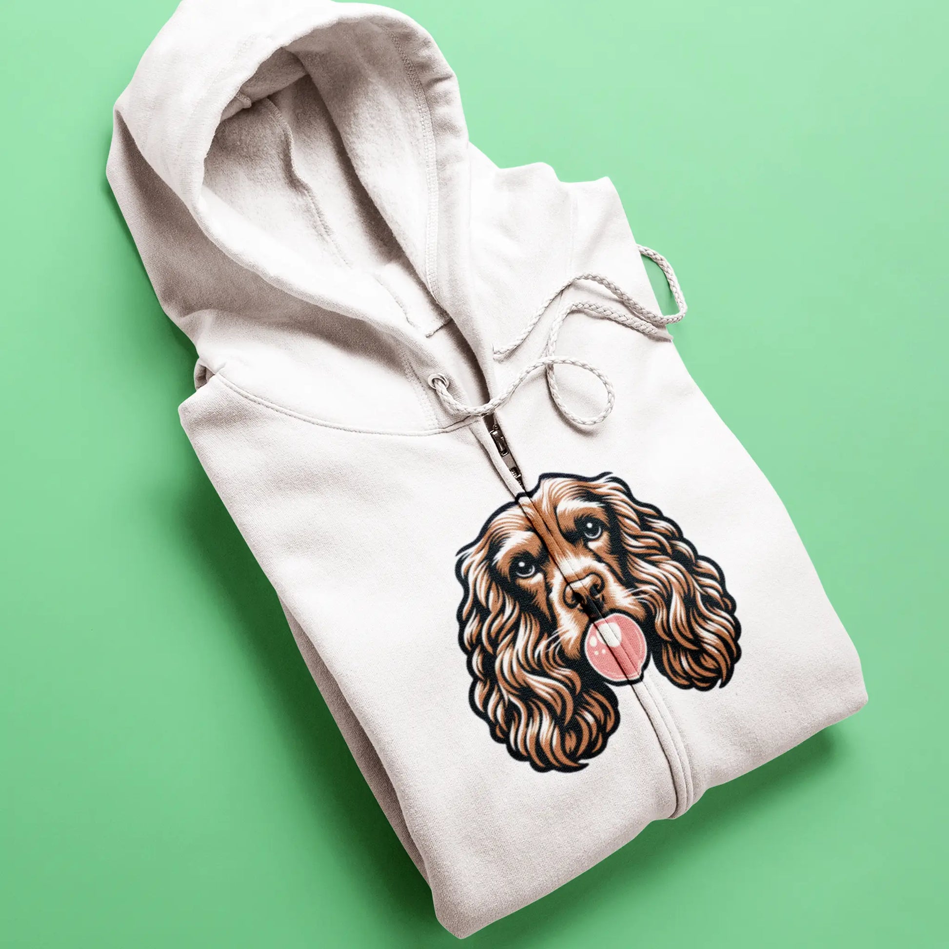 This playful cocker creates perfect bubble harmony on clean white zip jacket. Αυτός ο παιχνιδιάρης κόκερ δημιουργεί τέλεια αρμονία φούσκας στην καθαρή λευκή ζακέτα