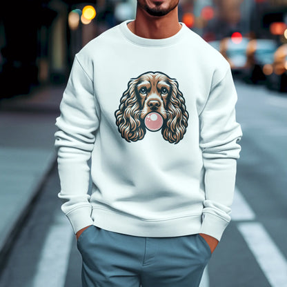 This playful cocker spaniel brings retro vibes to crisp white crewneck style. Αυτός ο παιχνιδιάρης κόκερ σπάνιελ φέρνει retro vibes σε λευκό φούτερ