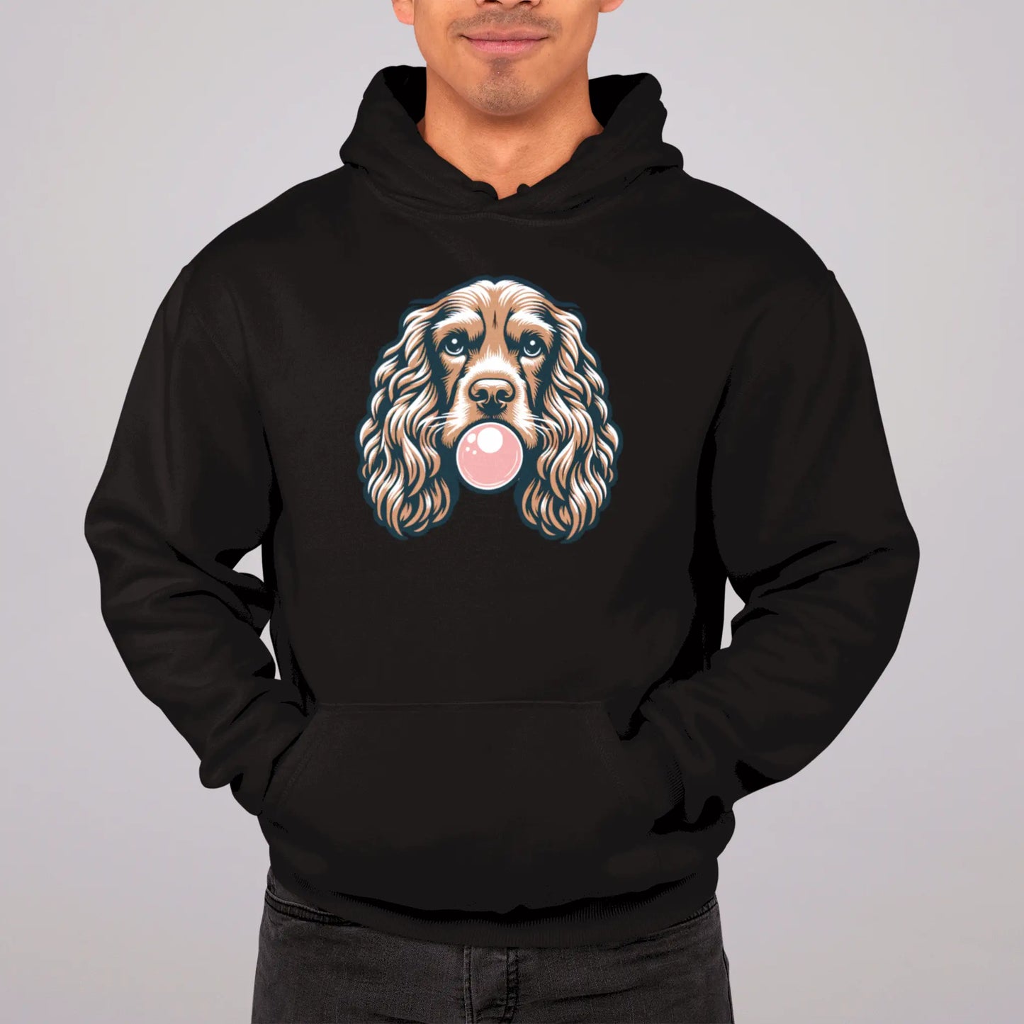 This spaniel makes your black hoodie the coolest bubblegum statement ever. Αυτός ο σπάνιελ κάνει το μαύρο σου hoodie τη πιο cool δήλωση τσίχλας ever