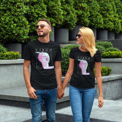 Unisex Virgo tee in black featuring pragmatic philosophy and earth sign symbolism for methodical individuals / Streetwear μπλουζάκι Παρθένος σε μαύρο με πραγματιστική φιλοσοφία και συμβολισμό γήινου ζωδίου για μεθοδικά άτομα