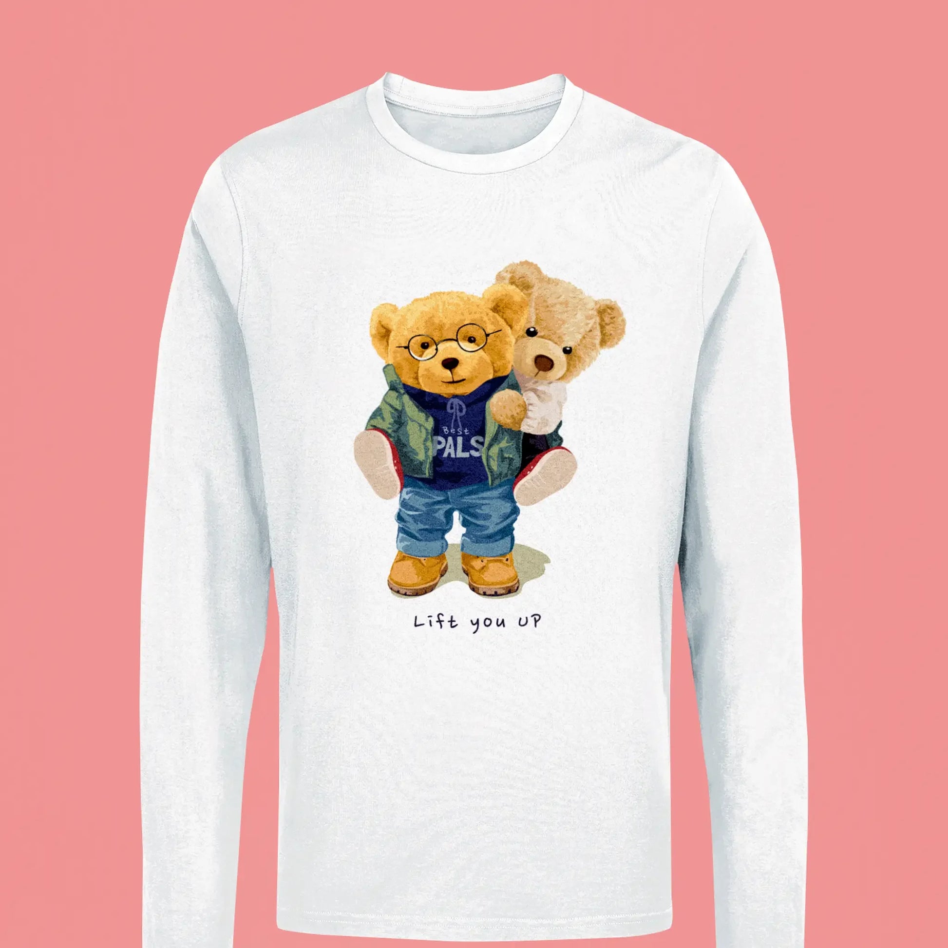 Unisex white long sleeve tee with teddy bear best friends artwork – λευκή μακρυμάνικη με σχέδιο φιλίας