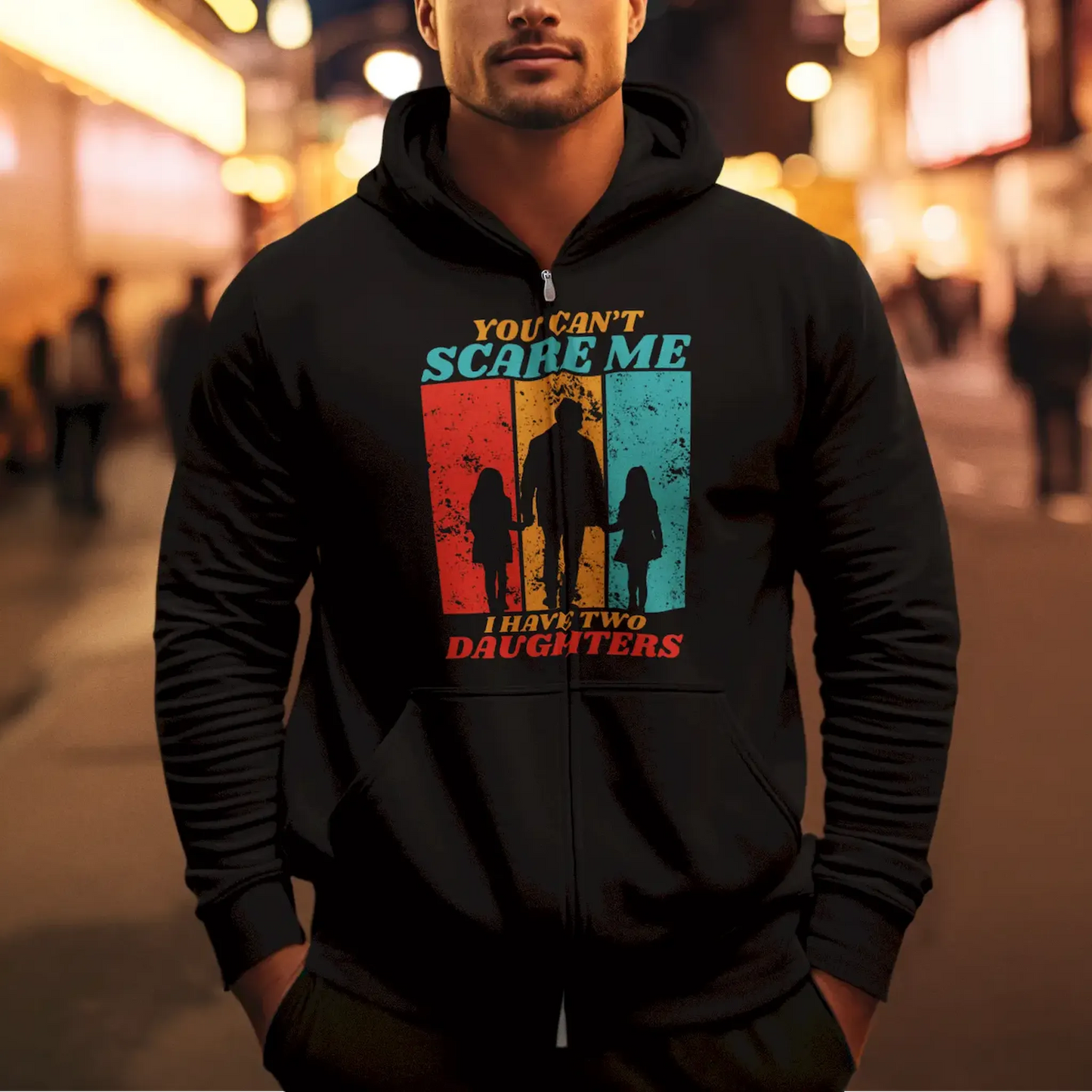 Urban-style black zip hoodie with a striking print, perfect for dads who love a confident, casual look / Μαύρη Ζακέτα με κουκούλα και μοντέρνο σχέδιο, για πατέρες με αστική αισθητική.