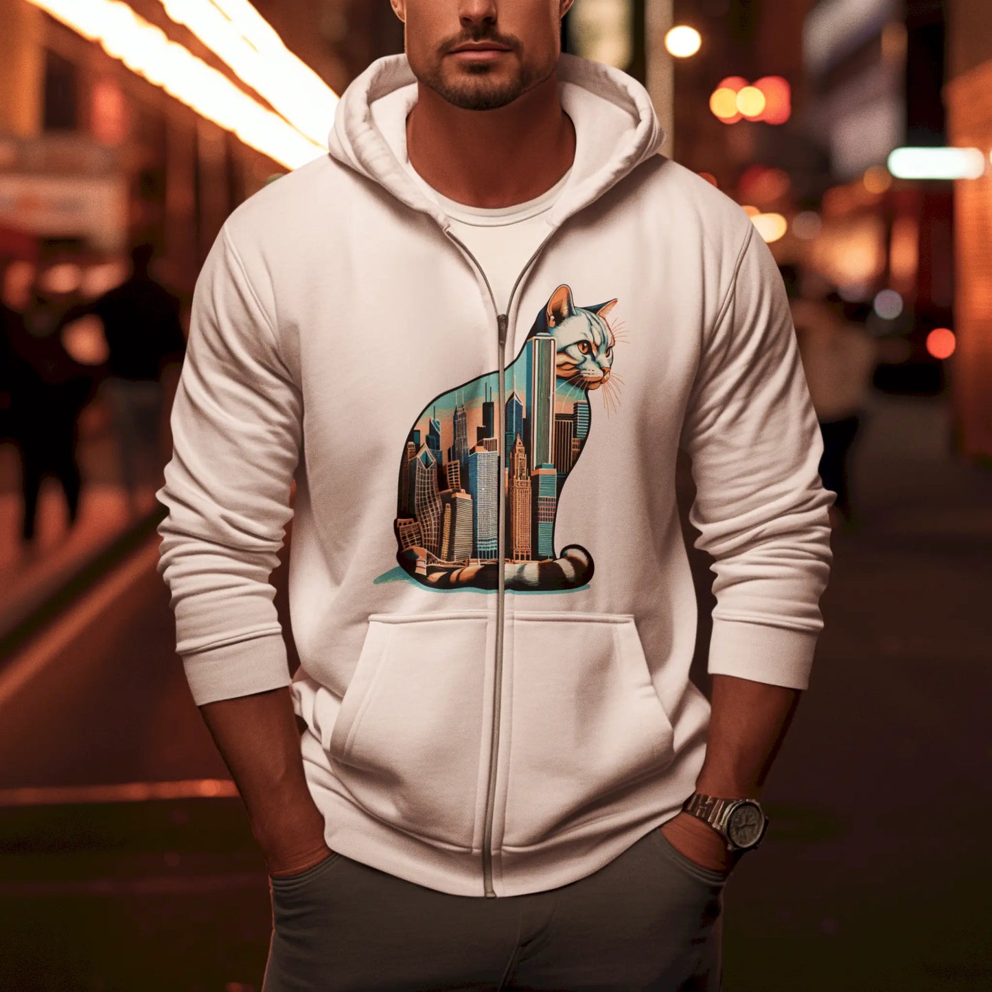 Urban-style white zip-up with Chicago cat silhouette – Σιλουέτα γάτας με τοπίο Chicago σε λευκή ζακέτα hoodie