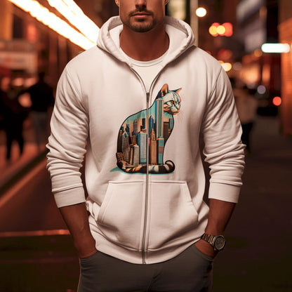 Urban-style white zip-up with Chicago cat silhouette – Σιλουέτα γάτας με τοπίο Chicago σε λευκή ζακέτα hoodie