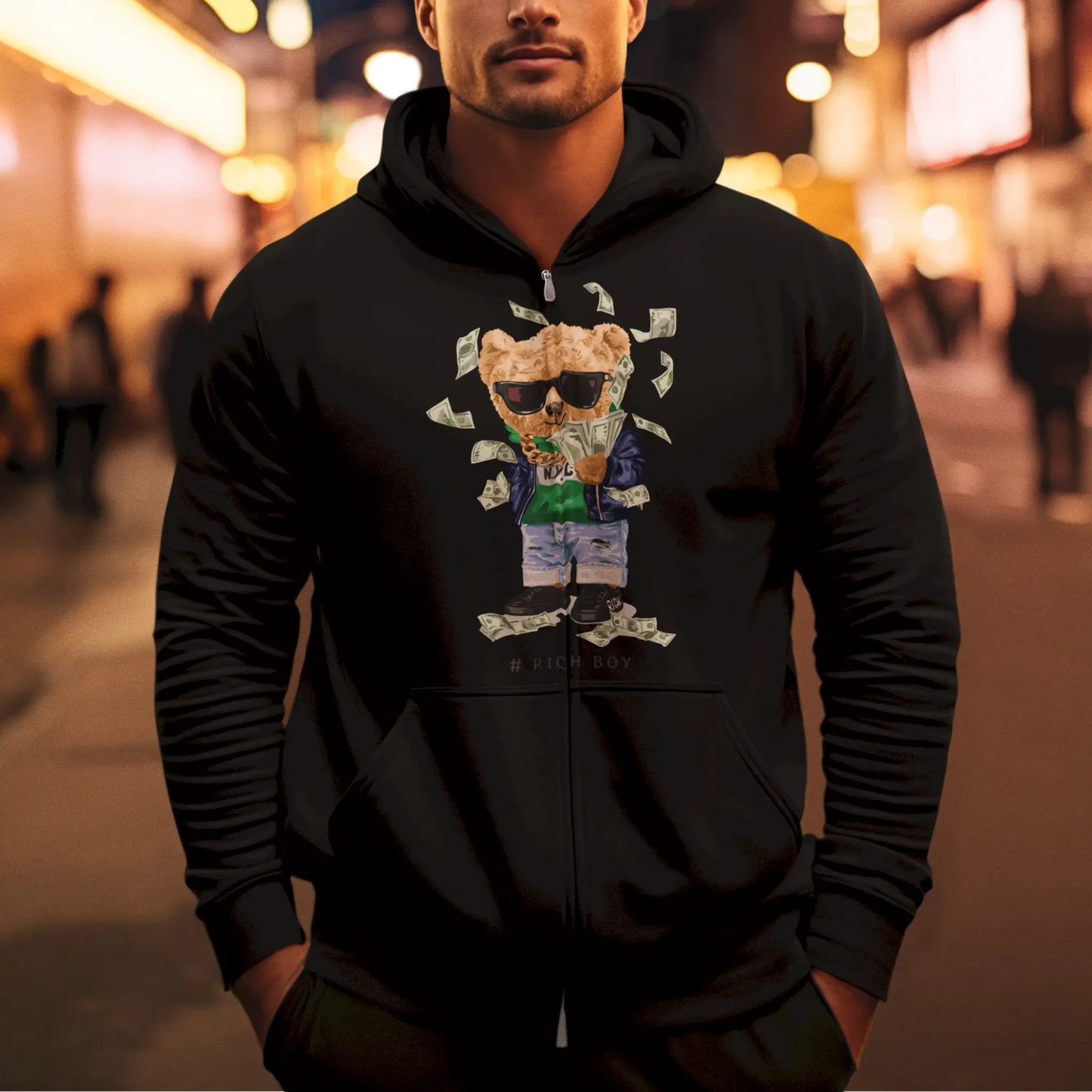 Urban black fleece hoodie with luxury bear and cash details – Αστικό μαύρο fleece hoodie με λεπτομέρειες αρκούδου και χρημάτων