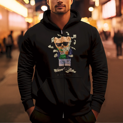 Urban black fleece hoodie with luxury bear and cash details – Αστικό μαύρο fleece hoodie με λεπτομέρειες αρκούδου και χρημάτων