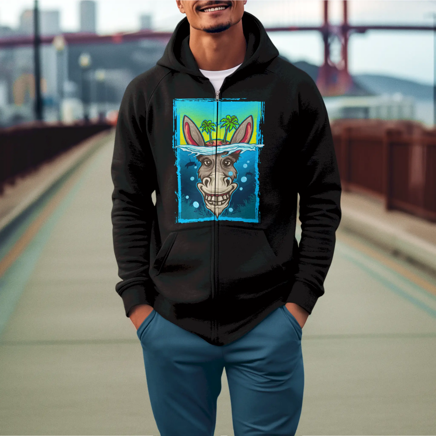 Urban black zip hoodie with funny animal quote – Αστική μαύρη ζακέτα με αστεία φυγούρα ζώου.