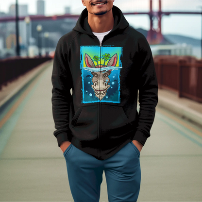 Urban black zip hoodie with funny animal quote – Αστική μαύρη ζακέτα με αστεία φυγούρα ζώου.