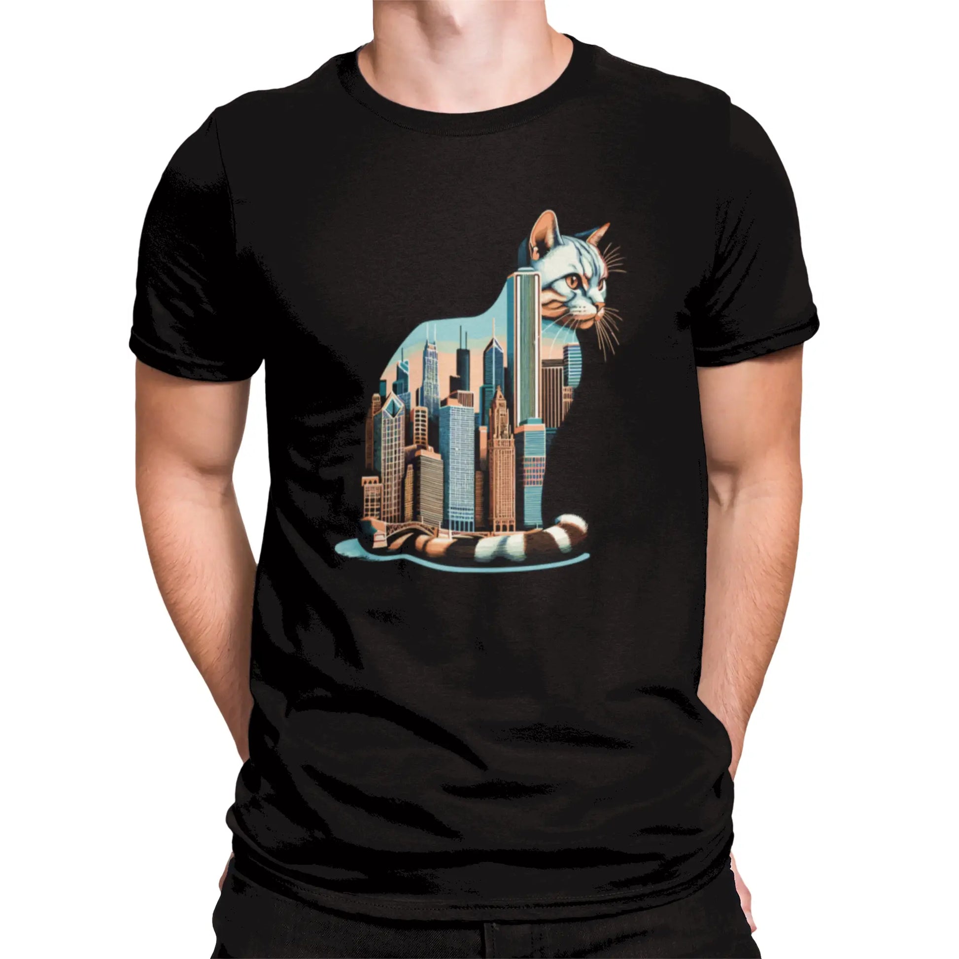 Urban cat skyline design blending Chicago buildings with feline art – Μαύρο t-shirt με γάτα και ουρανοξύστες στο Σικάγο, ιδανικό για streetwear εμφανίσεις