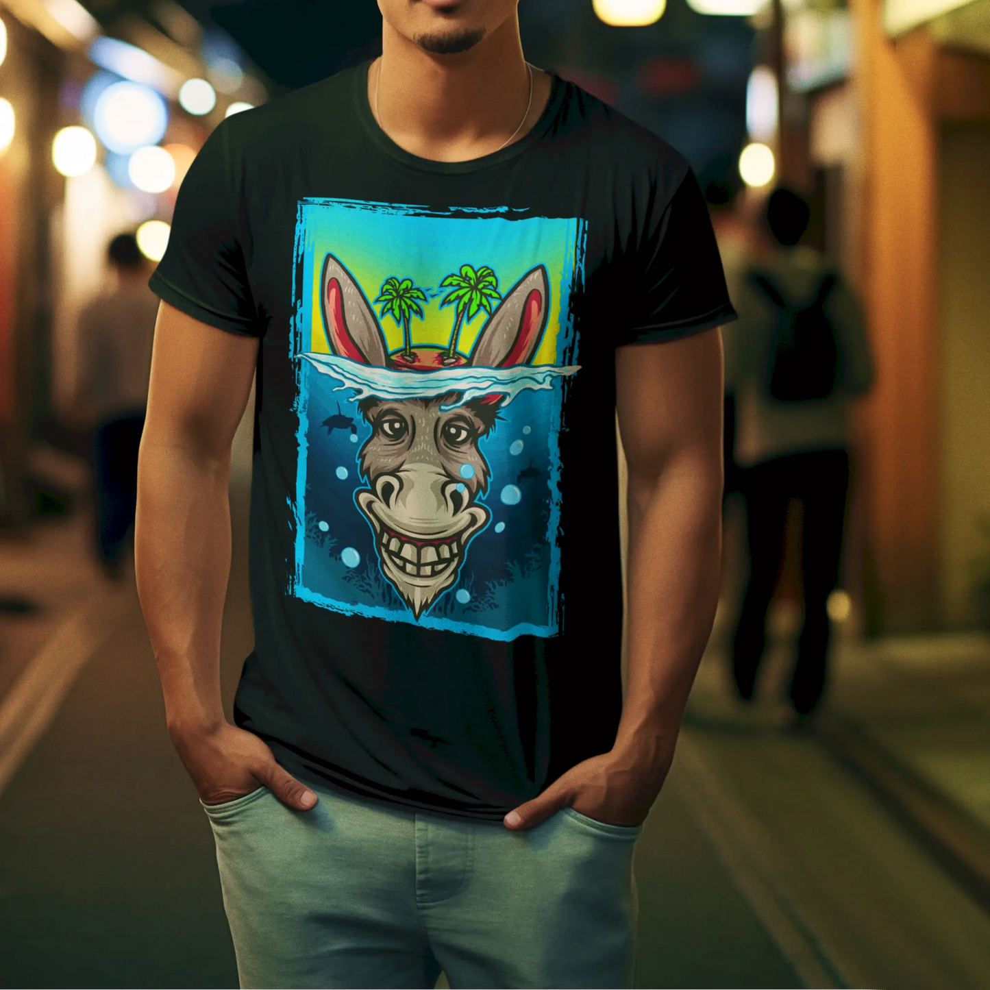 Urban style black t-shirt with funny Greek donkey illustration – Μαύρο μπλουζάκι σε αστικό στυλ με αστεία ελληνική απεικόνιση γαϊδάρου