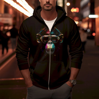 Versatile black zip up hoodie decorated with a funny halftone gorilla graphic. — Πολυχρηστική μαύρη ζακέτα με κουκούλα και φερμουάρ διακοσμημένη με ένα χιουμοριστικό γραφικό γορίλα halftone