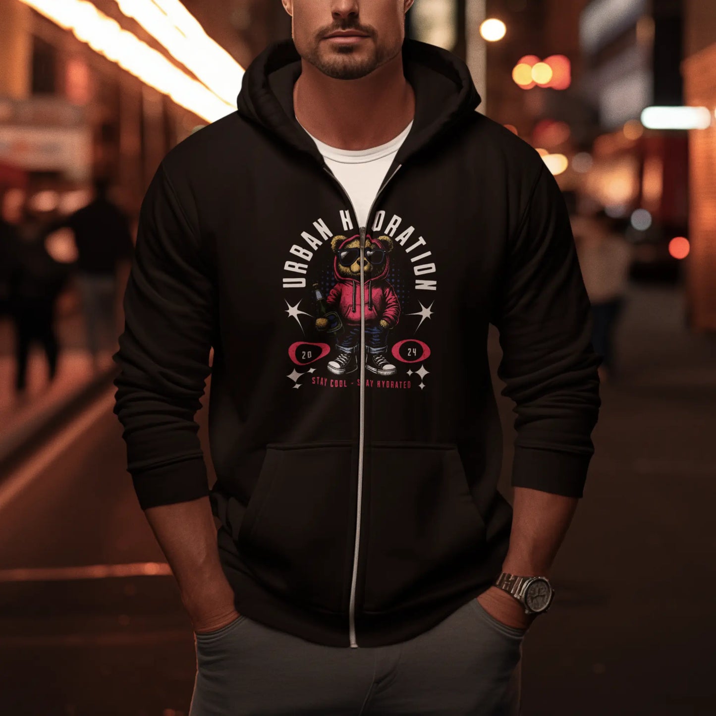 Versatile black zip up hoodie decorated with the Urban Hydration Bear print. — Πολυχρηστική μαύρη ζακέτα με φερμουάρ διακοσμημένη με το τύπωμα του Urban Hydration Bear