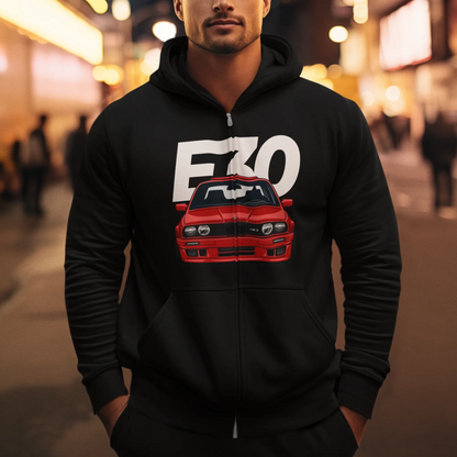 Versatile black zip up hoodie decorated with the classic E30 M3 car print. — Πολυχρηστική μαύρη ζακέτα με φερμουάρ διακοσμημένη με το τύπωμα του κλασικού αυτοκινήτου E30 M3