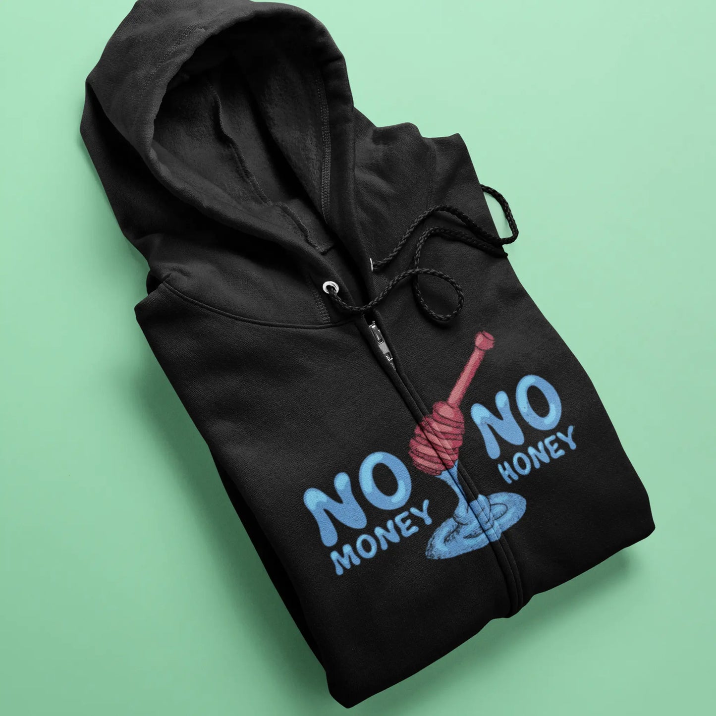 Versatile black zip up hoodie decorated with the detailed "No Money No Honey" print. — Πολυχρηστική μαύρη ζακέτα με φερμουάρ διακοσμημένη με το λεπτομερές τύπωμα "No Money No Honey