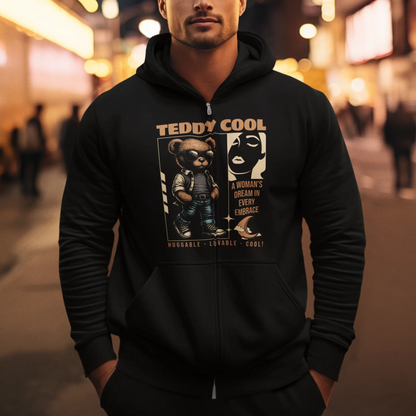Versatile black zip up hoodie decorated with the detailed cool teddy bear print. — Πολυχρηστική μαύρη ζακέτα με φερμουάρ διακοσμημένη με το λεπτομερές τύπωμα του cool αρκούδου