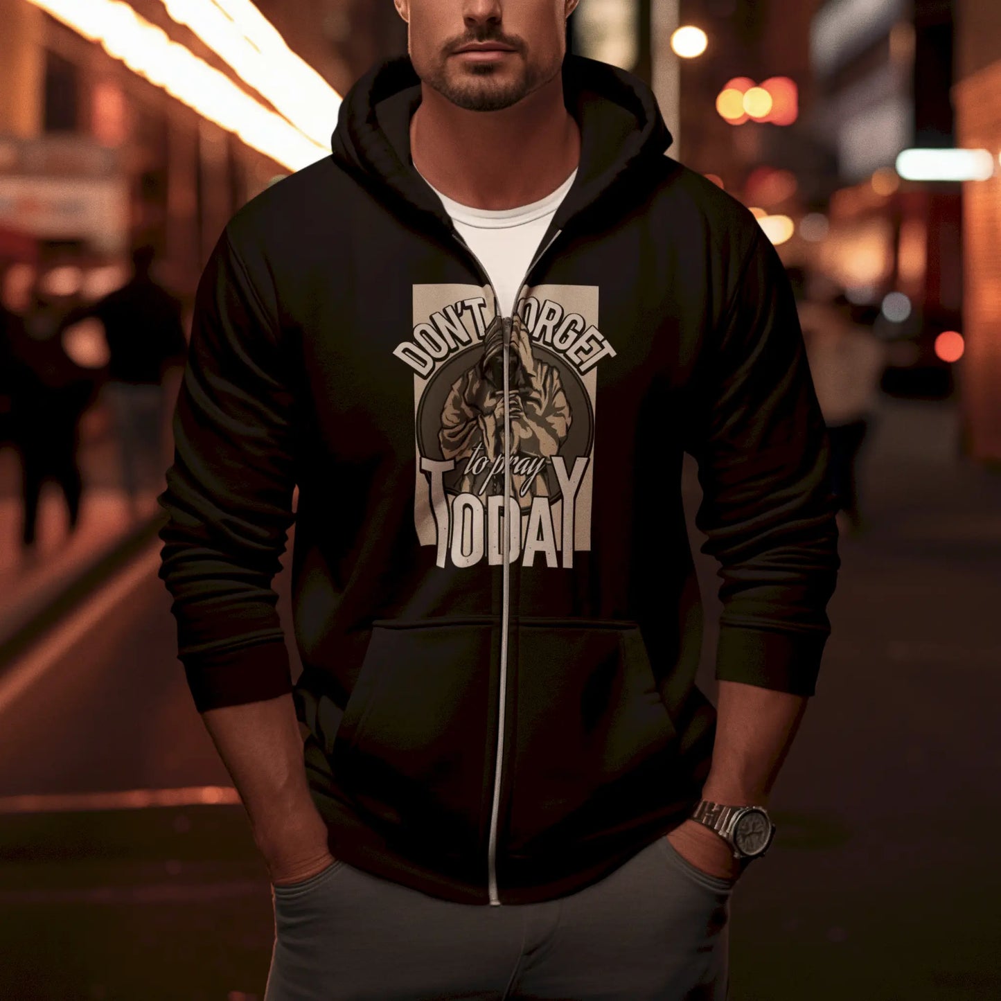 Versatile black zip up hoodie decorated with the detailed faith quote print. — Πολυχρηστική μαύρη ζακέτα με φερμουάρ διακοσμημένη με το λεπτομερές τύπωμα του ρητού πίστης
