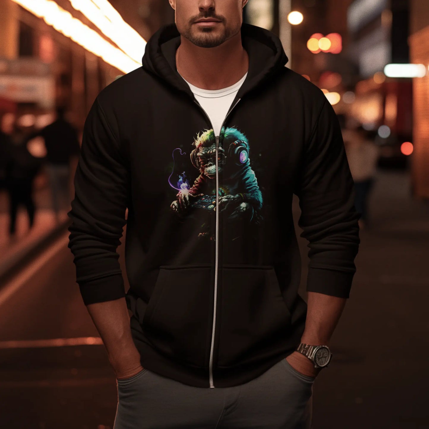 Versatile black zip up hoodie decorated with the halftone gaming chimp print. — Πολυχρηστική μαύρη ζακέτα με φερμουάρ διακοσμημένη με το τύπωμα του gaming chimp halftone