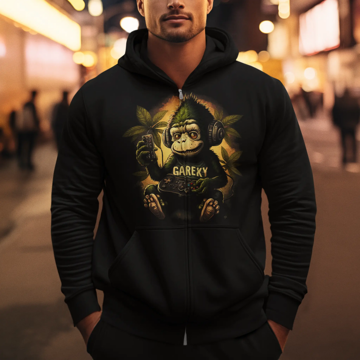 Versatile black zip up hoodie decorated with the halftone jungle gamer print. — Πολυχρηστική μαύρη ζακέτα με φερμουάρ διακοσμημένη με το τύπωμα jungle gamer halftone.