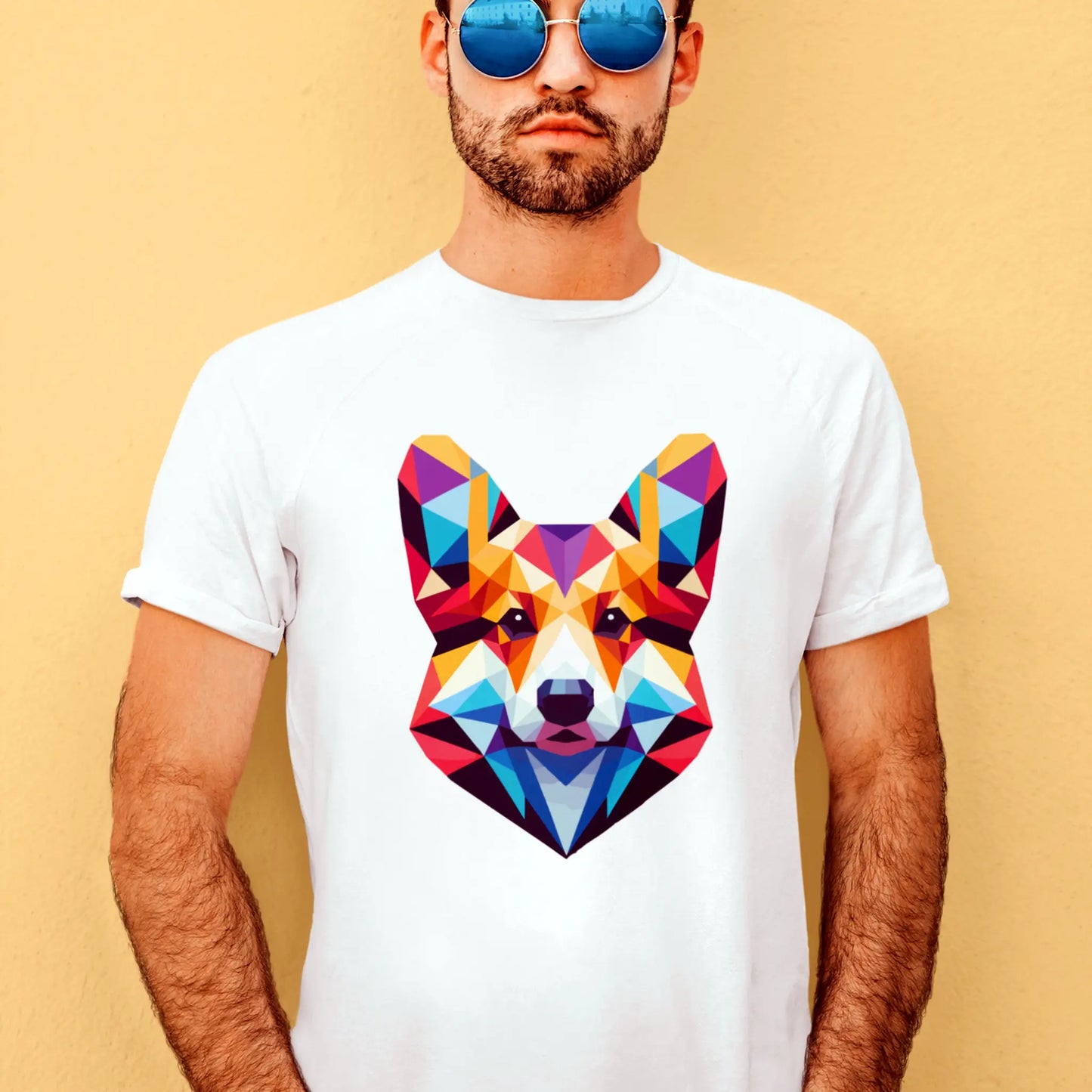 Vibrant polygonal Corgi design bursts on this white tee – Πολύχρωμο γεωμετρικό Corgi που αναδεικνύεται τέλεια πάνω στο λευκό μπλουζάκι