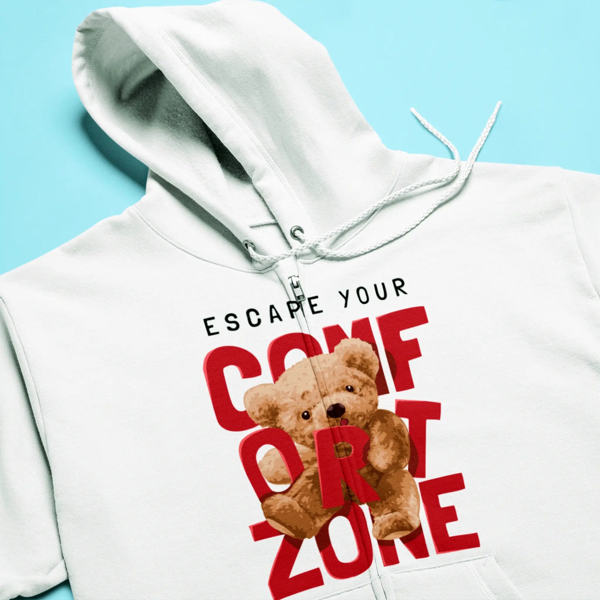 Vibrant white zipper hoodie with charming brown bear mindset artwork – Ζωηρή λευκή ζακέτα με φερμουάρ με γοητευτικό καφέ αρκούδι mindset artwork