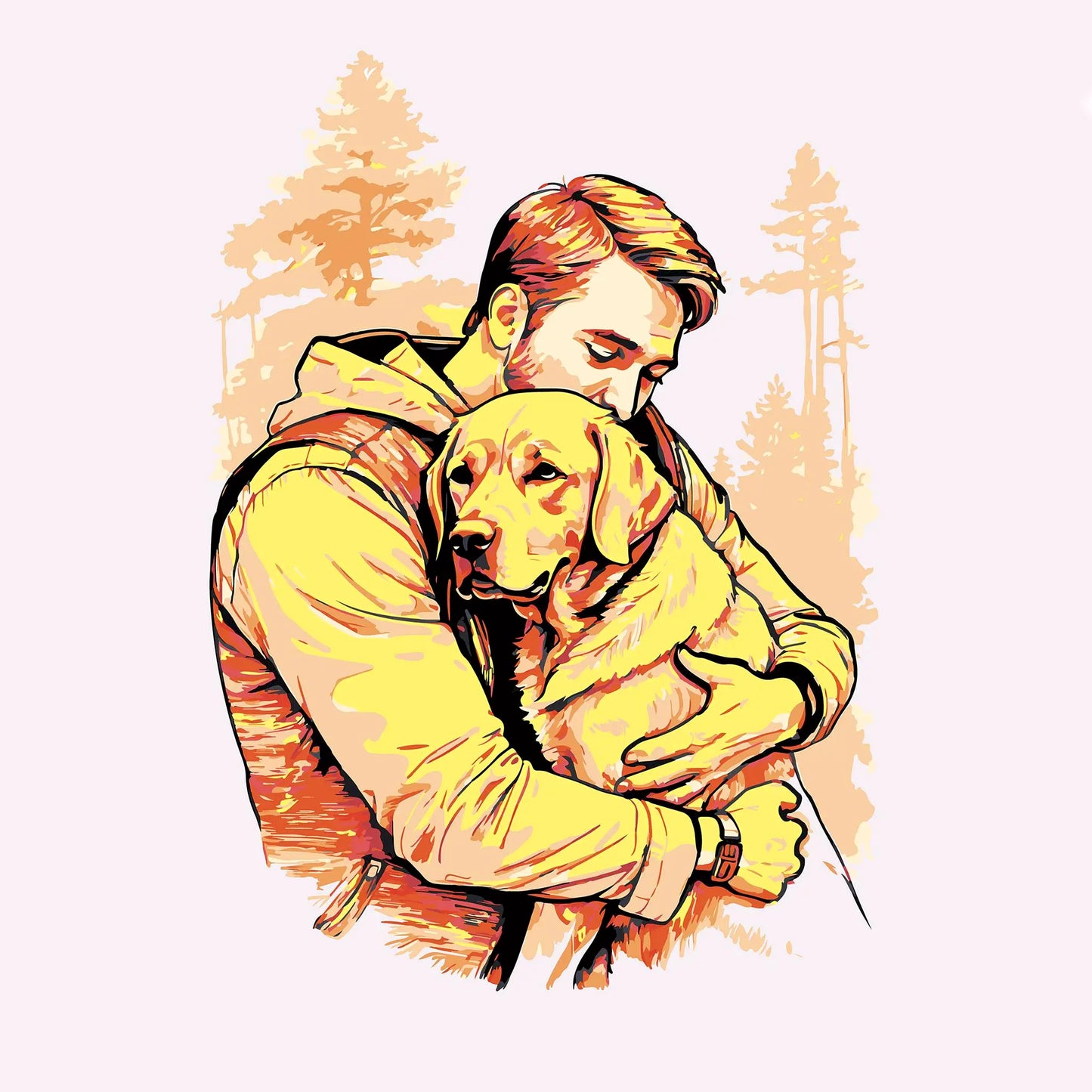 Warm digital art of a man hugging his golden Labrador with forest silhouettes in the background – Ζεστό ψηφιακό σχέδιο που δείχνει έναν άντρα να αγκαλιάζει το λαμπραντόρ του, με φόντο σιλουέτες δέντρων.