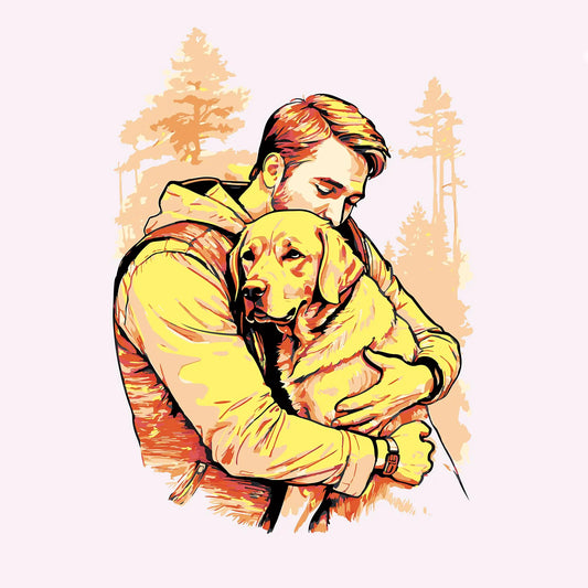 Warm digital art of a man hugging his golden Labrador with forest silhouettes in the background – Ζεστό ψηφιακό σχέδιο που δείχνει έναν άντρα να αγκαλιάζει το λαμπραντόρ του, με φόντο σιλουέτες δέντρων.