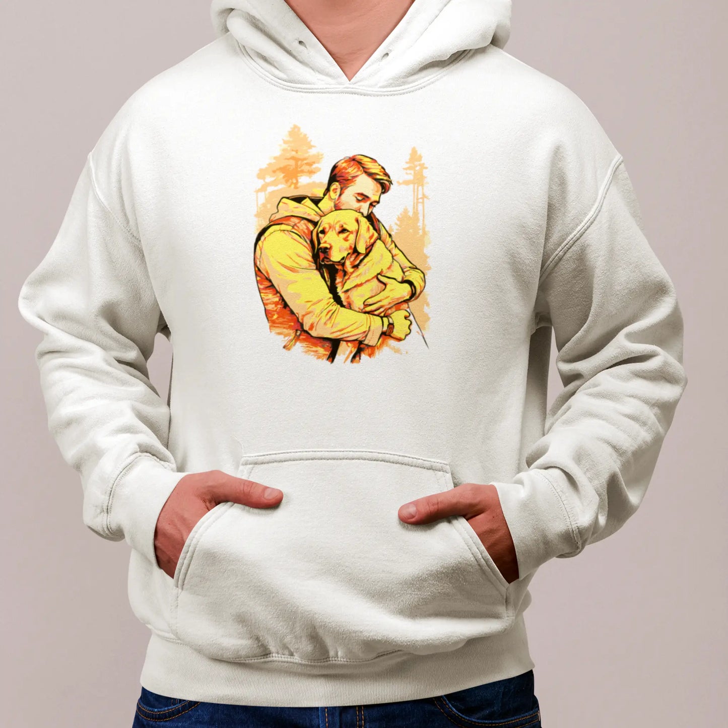 Warm golden tones and forest setting for ultimate comfort and emotion on white hoodie -
Ζεστοί χρυσαφένιοι τόνοι και φόντο δάσους για απόλυτη άνεση και συναίσθημα σε λευκό φούτερ με κουκούλα και σχέδιο με αγκαλιά με σκύλο