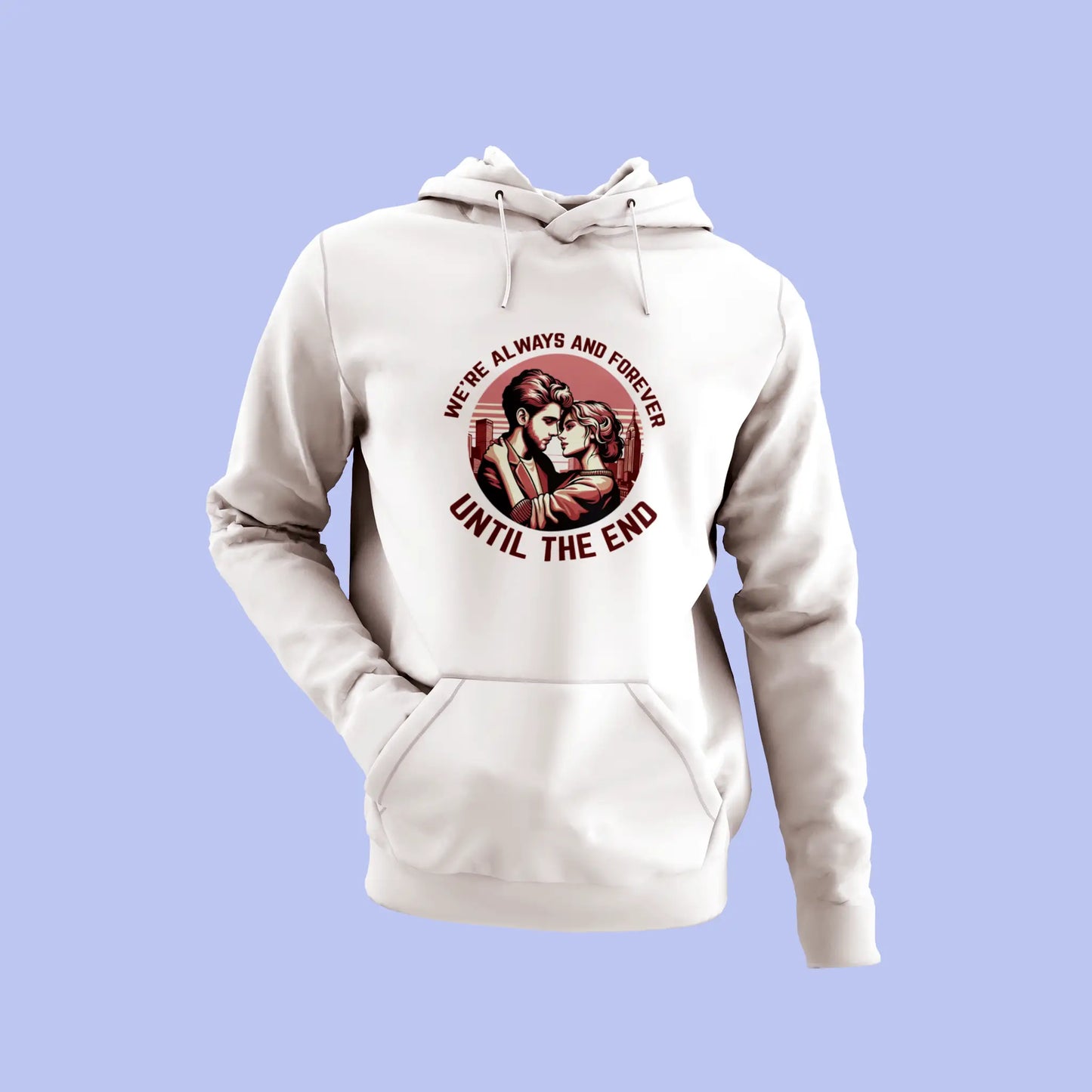 Warm white pullover hoodie featuring a loving couple's intimate moment, perfect for cold weather romance / Ζεστό λευκό hoodie με μια στιγμή οικειότητας ενός ζευγαριού, ιδανικό για ρομαντικές στιγμές το χειμώνα.