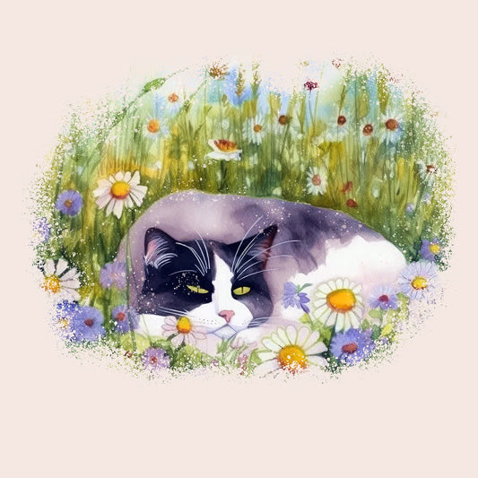 Watercolor cat art with peaceful kitty among daisies and flowers - Watercolor τέχνη γάτας με ήρεμη γατούλα ανάμεσα σε μαργαρίτες και λουλούδια