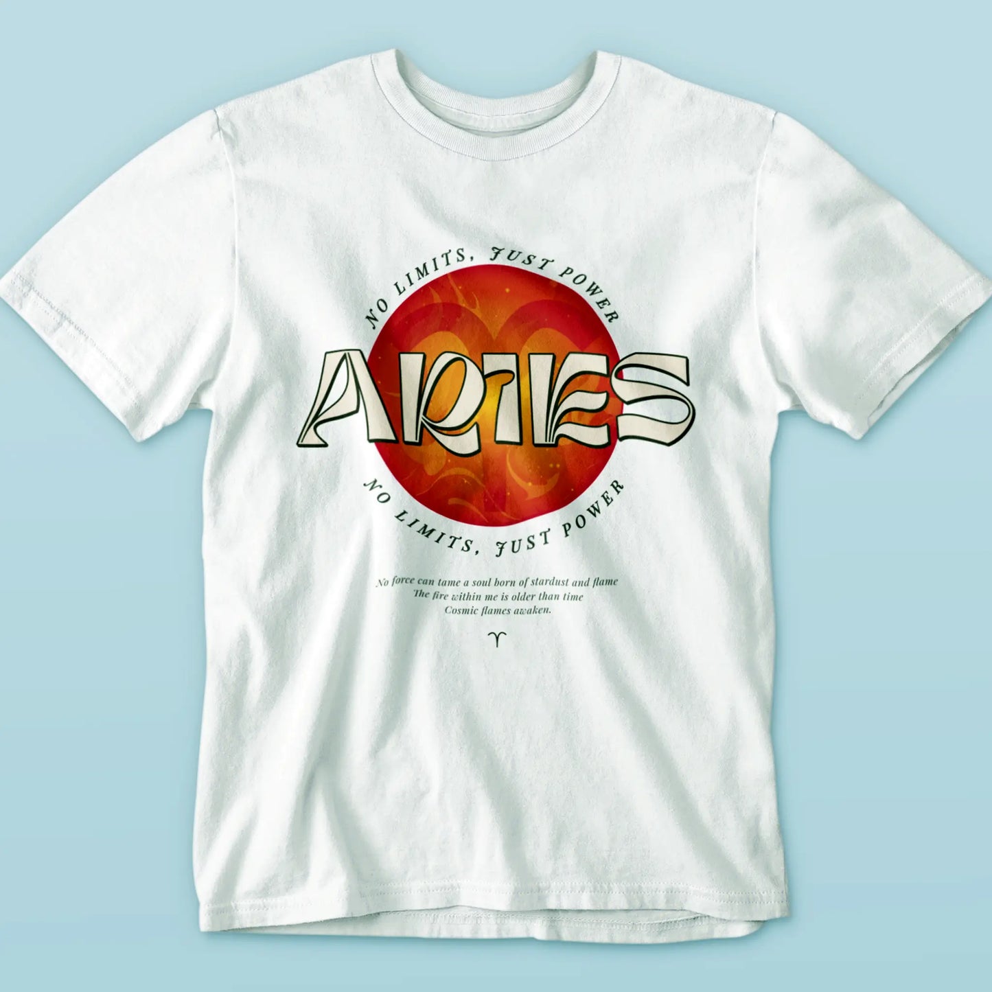 White Aries zodiac t-shirt with fiery astrology design – Λευκό μπλουζάκι Κριός με φλογερό αστρολογικό σχέδιο