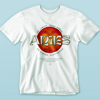 White Aries zodiac t-shirt with fiery astrology design – Λευκό μπλουζάκι Κριός με φλογερό αστρολογικό σχέδιο