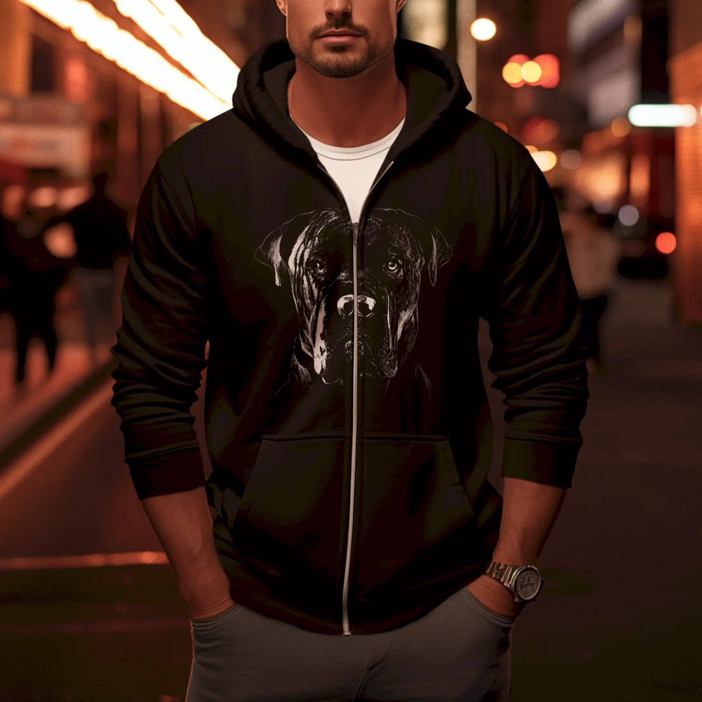 White Cane Corso graphic splits perfectly on black zip hoodie — Το λευκό σκίτσο Cane Corso χωρίζεται όμορφα στο μαύρο φερμουάρ.