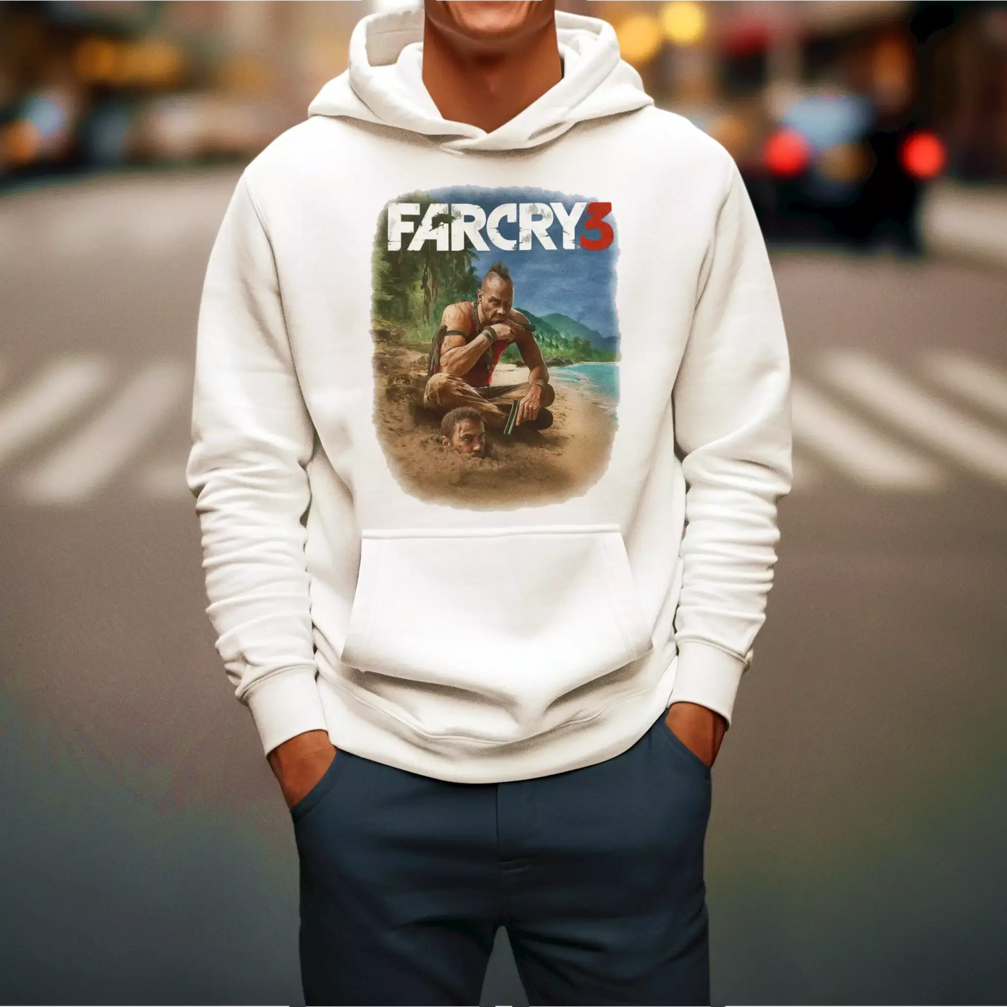 White Far Cry 3 hoodie with cinematic graphic that bridges fashion and fan devotion – Λευκό hoodie Far Cry 3 με κινηματογραφικό γραφικό που ενώνει μόδα και gaming αφοσίωση