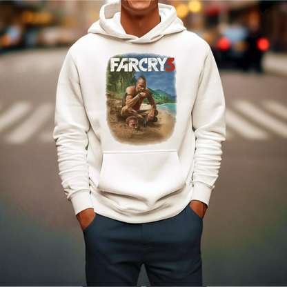 White Far Cry 3 hoodie with cinematic graphic that bridges fashion and fan devotion – Λευκό hoodie Far Cry 3 με κινηματογραφικό γραφικό που ενώνει μόδα και gaming αφοσίωση