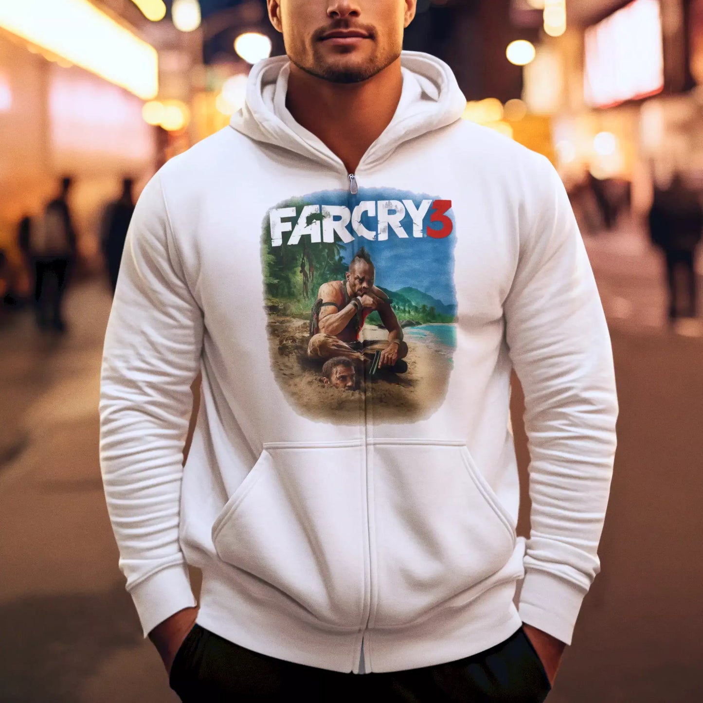 White Far Cry 3 zip hoodie with ambient fade art and clean urban aesthetic – Λευκή ζακέτα Far Cry 3 με fade γραφικό και καθαρή urban αισθητική