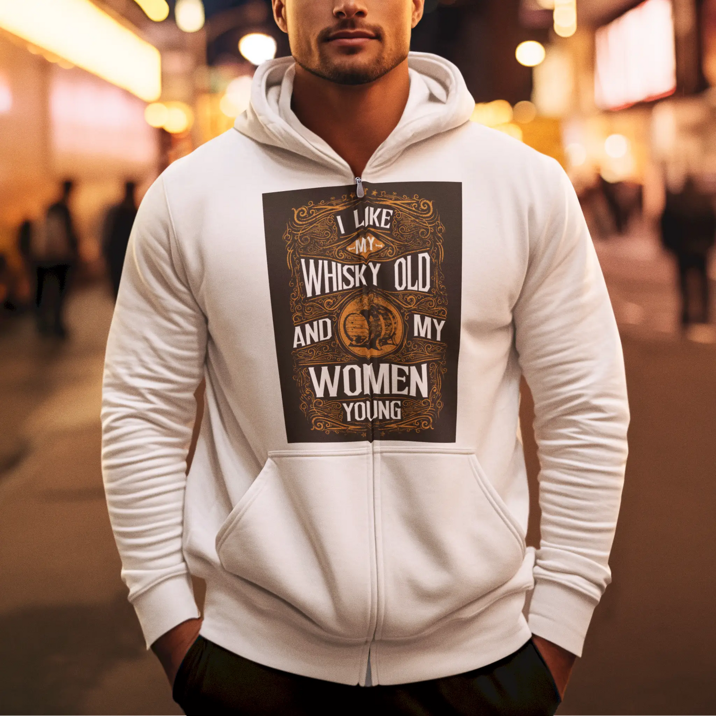 White Light zip hoodie with minimal slogan about drinking – Ανοιχτόχρωμη λευκή ζακέτα κουκούλα με μινιμαλιστικό σλόγκαν για ποτό