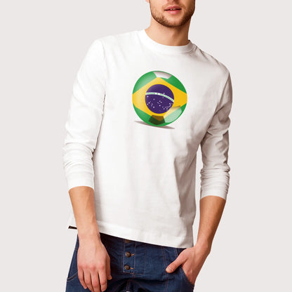 White Long sleeve shirt featuring iconic Brazil flag football art – Λευκό Μακρυμάνικο μπλουζάκι με εμβληματικό ποδοσφαιρικό σχέδιο σημαίας Βραζιλίας