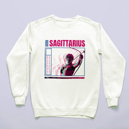 White Sagittarius sign sweatshirt with bold black typography about born archer identity and freedom / Λευκό φούτερ ζώδιο Τοξότη με έντονη μαύρη τυπογραφία για έμφυτη ταυτότητα τοξότη και ελευθερία