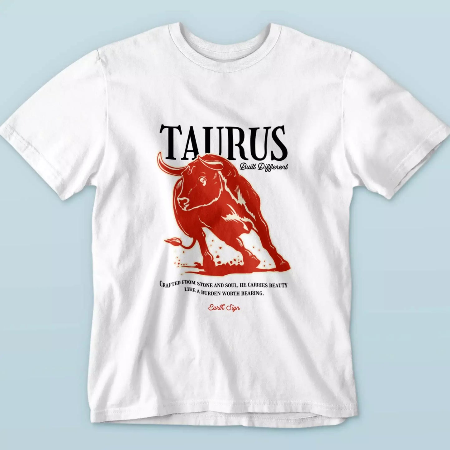 White Taurus tee with ‘Built Different’ typography focus – Μαύρη μπλούζα Ταύρος με έμφαση στη γραμματοσειρά ‘Built Different’